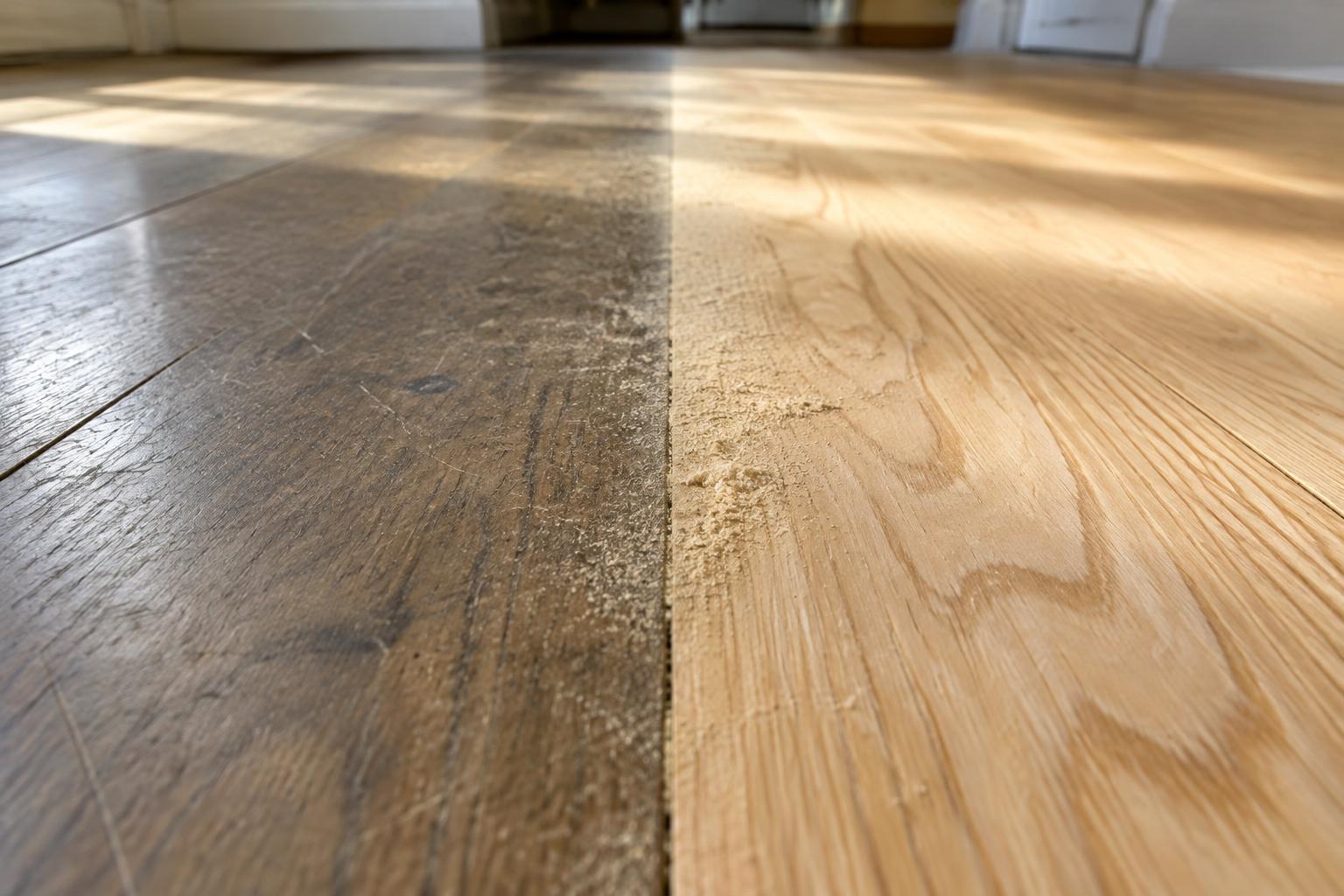 A hardwood floor mid-sand with a clean transition from the old worn finish to freshly sanded raw oak